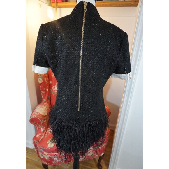 Tuxedo Style Sparkle Tweed Mini Dress with Fringe Feather Hem Sz M (6/8) - Picture 11 of 16